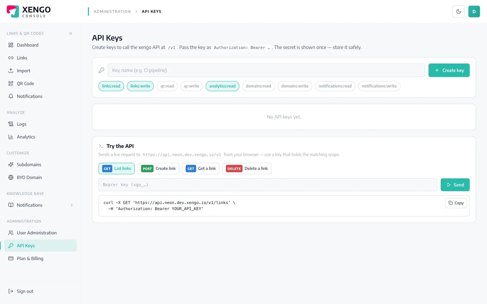 Automate links & QR with the xengo API in the xengo console