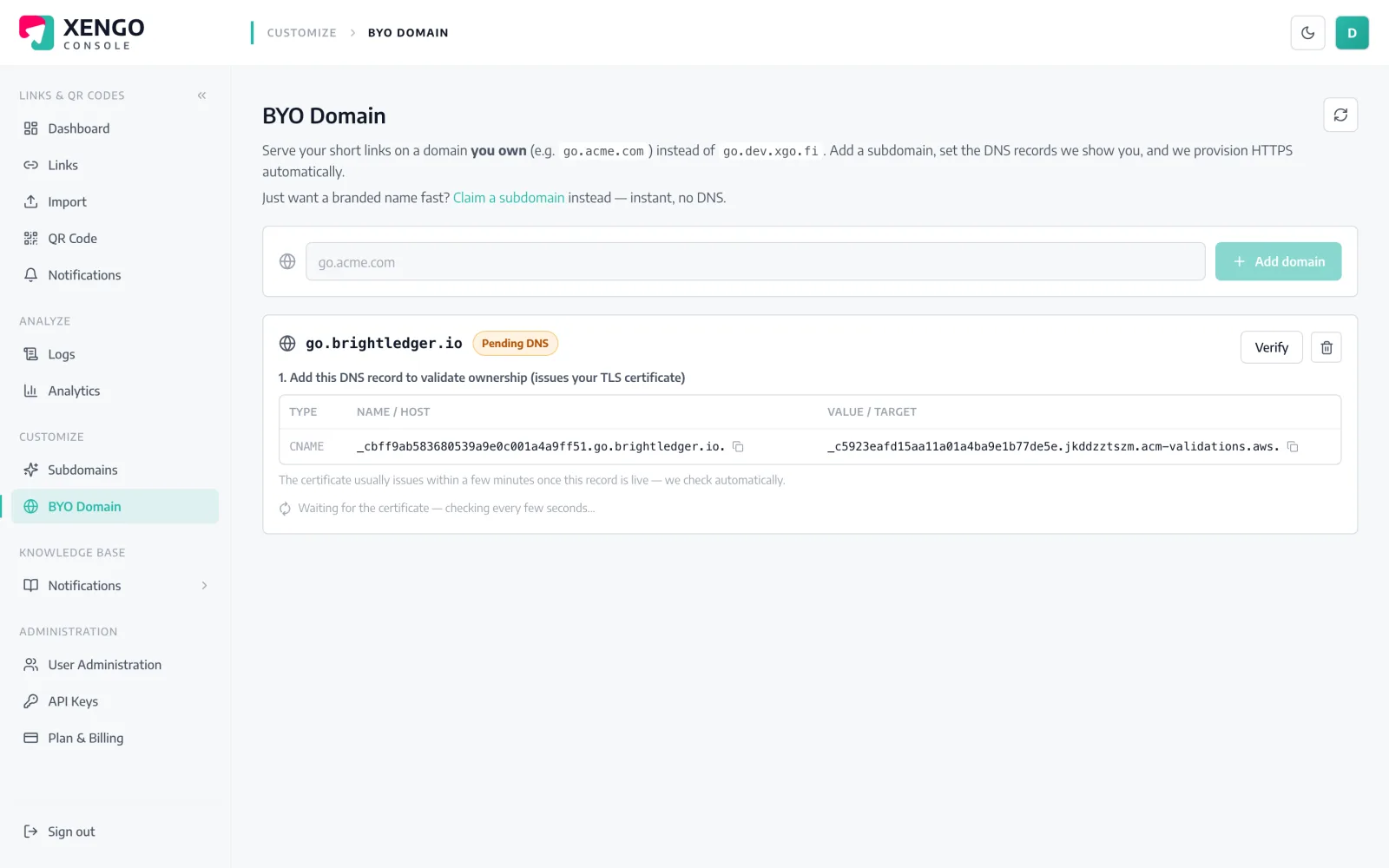 Every link on a domain you own in the xengo console