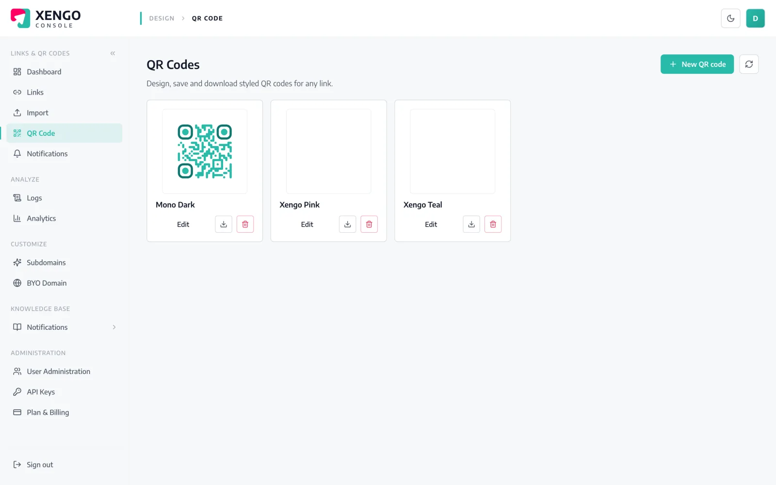 Dynamic QR codes in the xengo console
